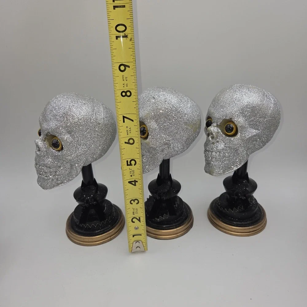 Vintage Lots of 3 Glittered Skull Head Blow Mold w/ Stand Prop Halloween Decor